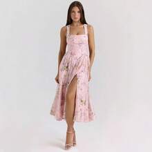 New French Halter Fitted Printed Dress - Baby Pink - View 8