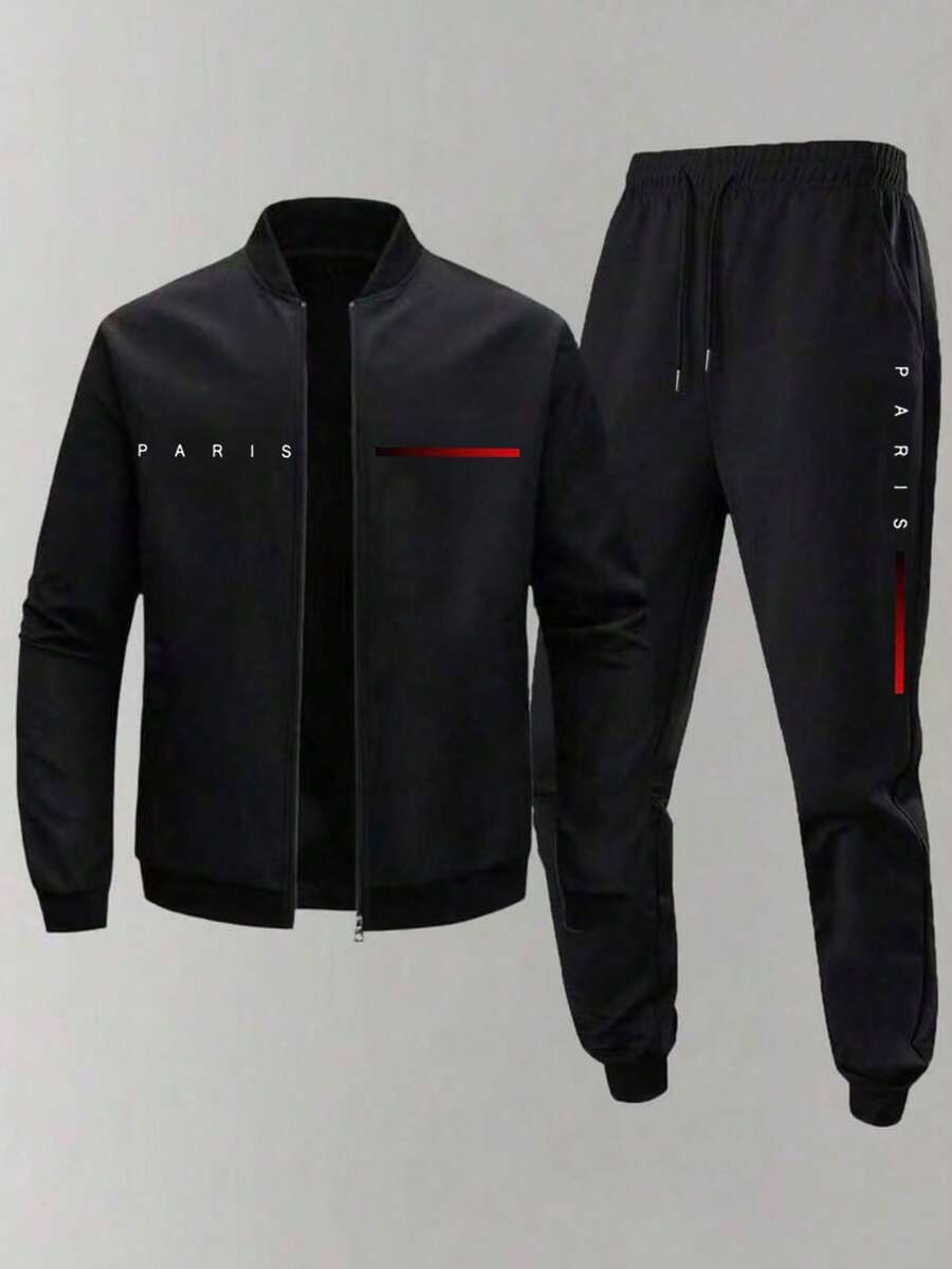 Men's Dash Letter & Graphic Print Zip-Up Bomber Jacket And Sweatpants Set - Urban Street Style 2-Piece Sportswear Set - Black - View 1