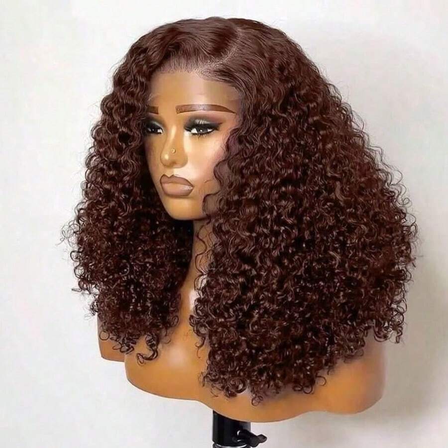5*5 Closed Lace Front Wig Jerry Curly Transparent Lace, Glueless, 13x4 Large Transparent Lace Front #4 Brown Wig Pre-Cut & Pre-Plucked, Ready-To-Wear Wig Made Of Human Hair Blend, Quick Installation, Suitable For Beginners