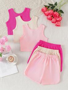 女童夏季純色休閒百搭圓領無袖背心上衣，蝴蝶結肩帶裝飾搭配短褲 3 件套，返校季 - 彩色 - 查看 4