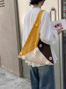Dedoo Bolso de hombro bohemio de moda multicolor, diseño de ganchillo con patrón de tortuga marina, bolso de gran capacidad con apertura superior, material de poliéster beige con sensación - Amarillo - Ver 3