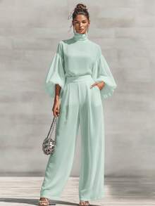 Women's Jumpsuit Romantic Date Night High Neck Long Sleeve Puff Sleeve Wide Leg Belted Waist Silky For Anniversary Valentine's Dinner Lavender - 灰色 - 查看 9