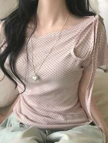甜美女孩撞色波點不對稱露肩繫帶前襟T恤女款粉色百搭休閒修身上衣 - 粉色 - 查看 3