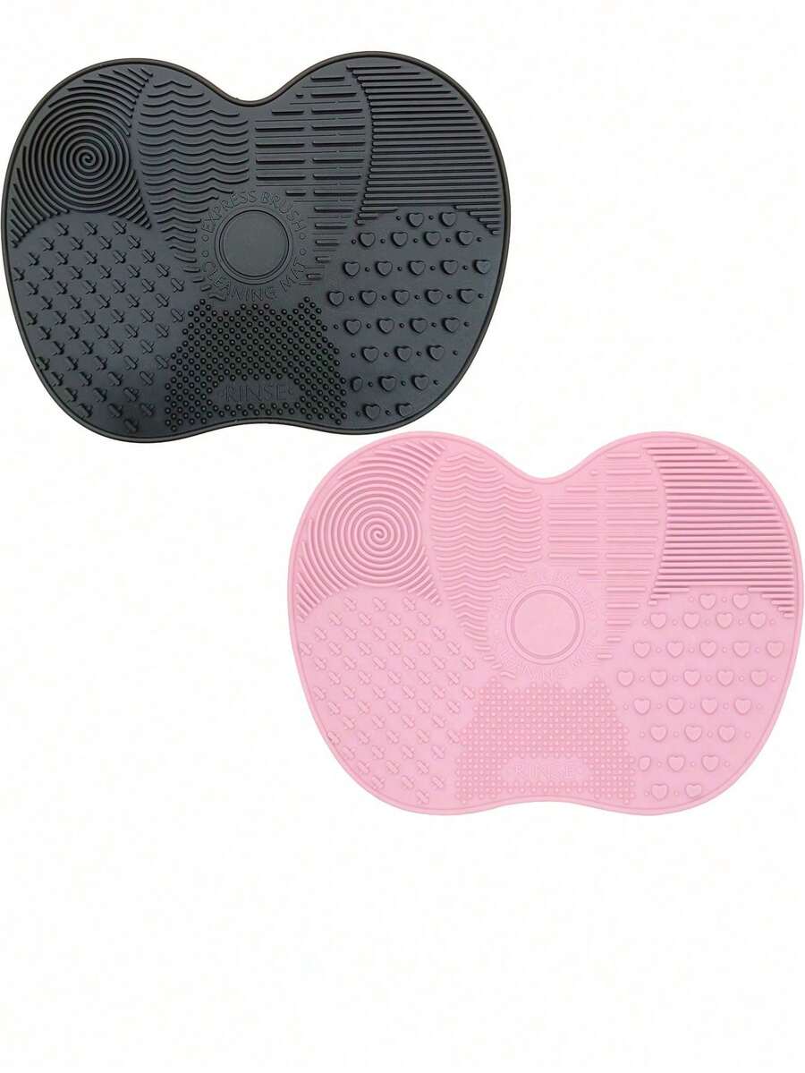 Silicone Makeup Brush Cleaning Mat With Suction Cup, Portable Makeup Brush Cleaning Tool, Apple-Shaped Silicone Makeup Brush Cleaning Pad - 2 件(粉紅色和黑色) - 查看 1