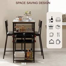 Space-Saving 3 Piece Dining Table Set – 2 Faux Leather Upholstered Chairs, Wine Rack & Cup Holder, Compact Rectangle Dinner Table With 4-Tier Shelves For Kitchen/Breakfast Nook/Studio Apartments - 灰色 - View 3