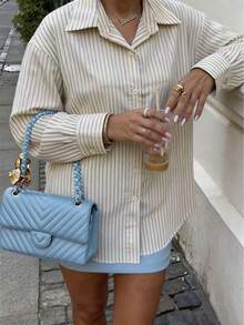 Fashion Women's Long Sleeve Button-Up Shirt Collar Polyester Vertical Striped Blouse - Light Yellow - View 5