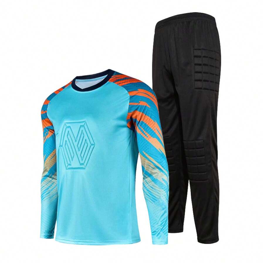 Fußball Torwart Trikot, Torwart Uniform, Sturzschutz Langarm + Lange Hose Trainingsanzug - 808 Blaues Oberteil + schwarze Hose - Übersicht 1