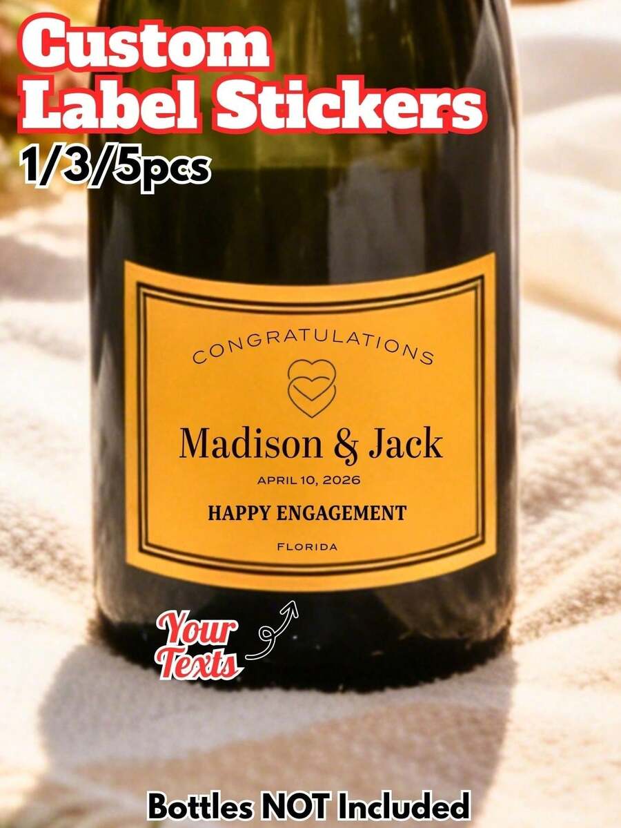 1/3/5pcs, Custom Wine Bottle Label Stickers, Personalized Text & Icon Design, Waterproof Self-Adhesive,For Engagement/Wedding/Birthday/Graduation/New Year Party Decor, Minimalist Elegant Style, Perfect For Champagne, Party Favors & Gift Decoration - Multicolor - View 1