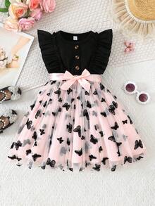 Vestido elegante de niña sin mangas con patrón de mariposa, malla y dobladillo con volantes acanalados, vestido de fiesta de princesa de moda para niñas jóvenes - Rosa - Ver 1
