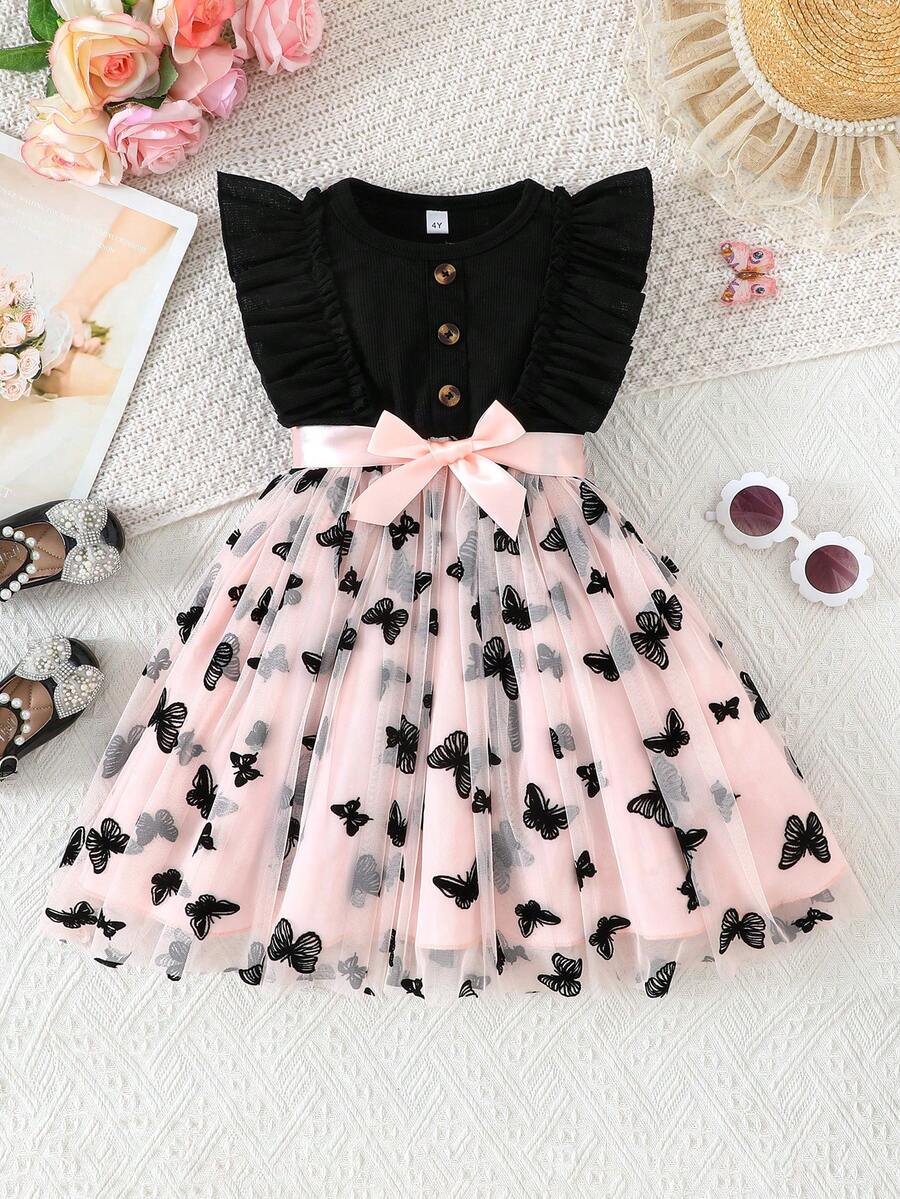 Vestido elegante de niña sin mangas con patrón de mariposa, malla y dobladillo con volantes acanalados, vestido de fiesta de princesa de moda para niñas jóvenes - Rosa - Ver 1