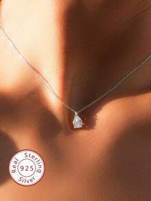 1pc Minimalist Oval 925 Sterling Silver Necklace, Classic Elegant Women's Necklace, Refined Daily Wear, Date, New Year, Valentine's Day Gift - Water Drop Necklace - View 1
