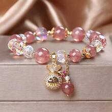 Fashion Design 1pc Strawberry Crystal Glass Bracelet[With Box] Women's Blessing Bag Pendant Charm Bracelet, Gift For Girlfriend - Pink - View 1