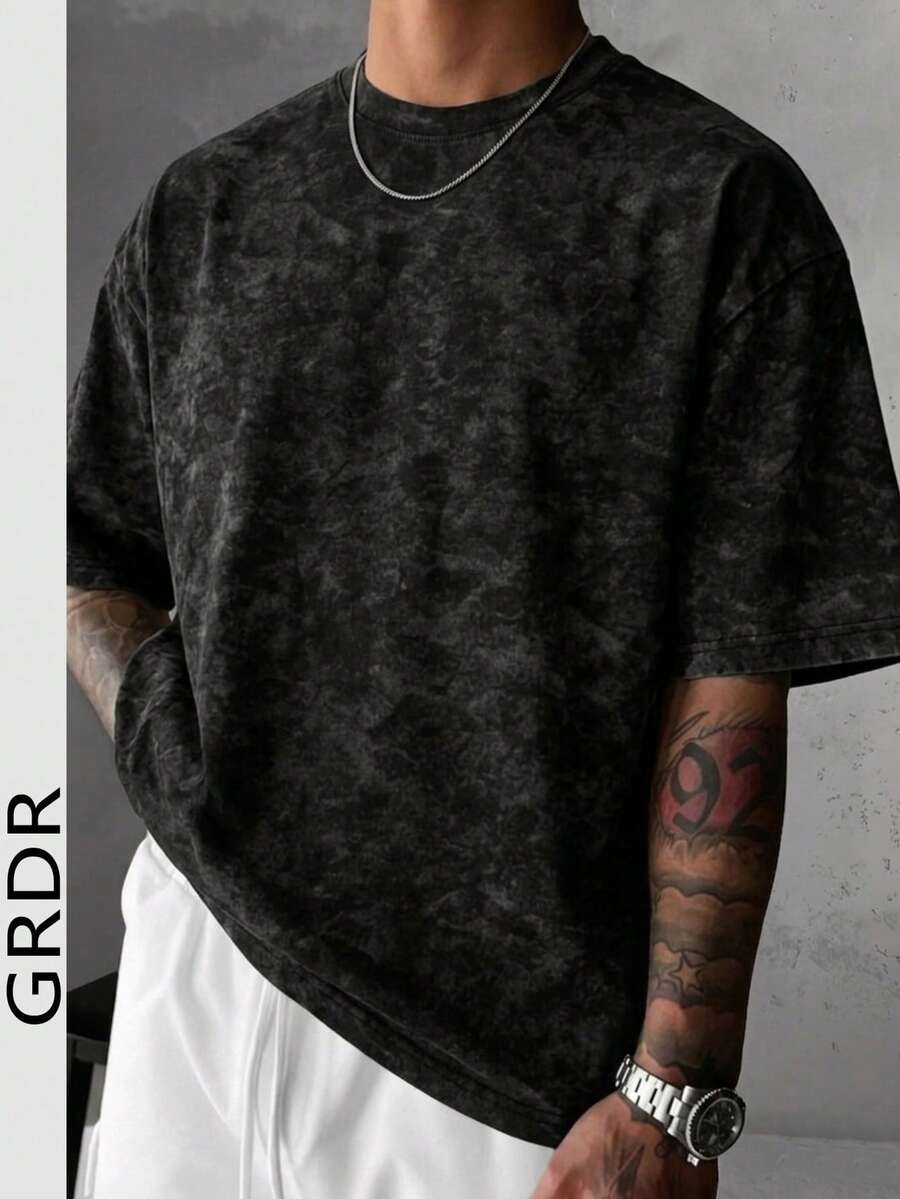 GRDR Men's Solid Color Washed Short Sleeve T-Shirt, Comfortable And Breathable For Summer Wear - Black - View 1
