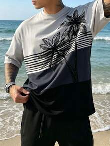 Herren Urlaubs-Lässig Farbblock T-Shirt mit Kokosnussbaum Muster, Kurzarm - Verschiedenfarbig - Übersicht 3