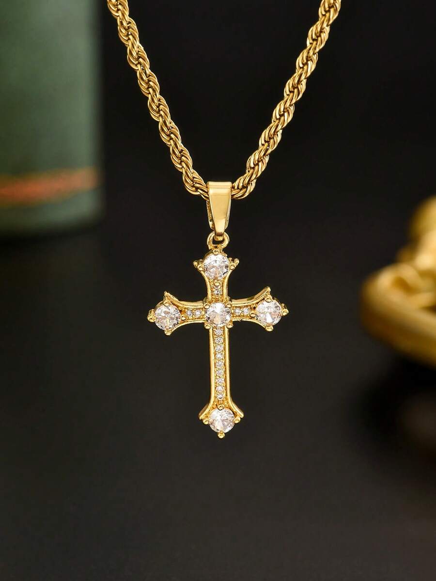1 pieza Collar de cruz con circonita estilo palacio vintage chapado en oro de 18k para hombre, joyería exquisita asimétrica personalizada, adecuado para atuendos de lujo vintage, regalo conmemorativo para la familia - Dorado - Ver 1