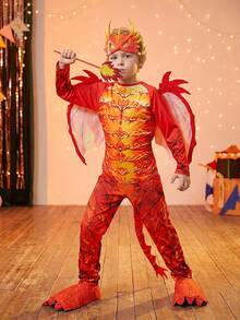 Kids Dragon Costume Set: Includes Headpiece, Jumpsuit, Wings, Tail, And Magic Wand. Suitable For Parties, Performances, And Imaginative Play. - Multicolor - View 9