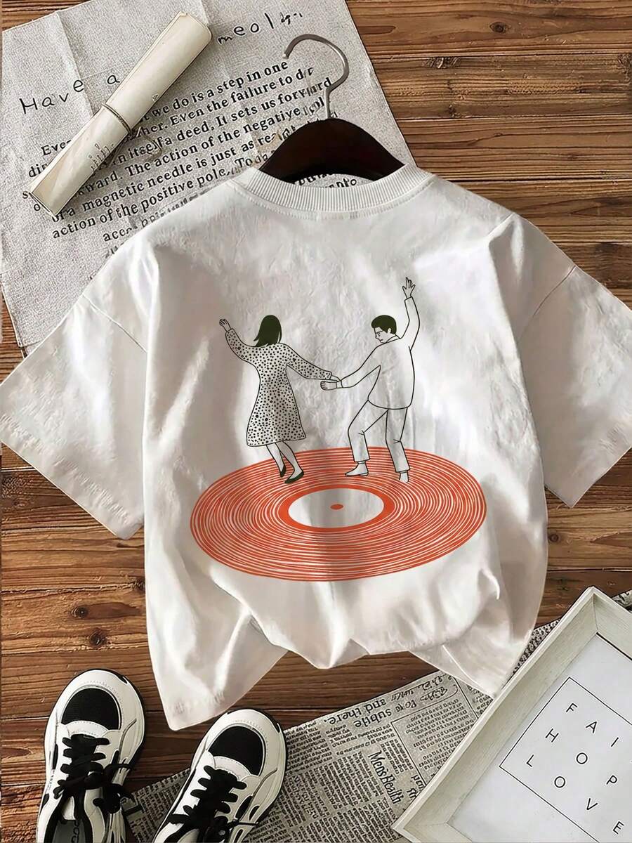 Unisex Double-Sided Dancing Record Print Tee – Minimalist Style, Round Neck Short Sleeve, Pure Cotton, Spring/Summer Casual Daily Top - White - View 1