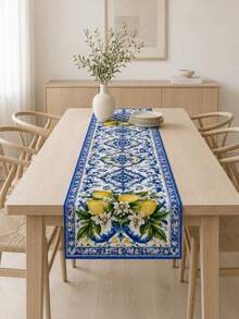 1 Piece Cobalt Blue Lemon Patterned Polyester Table Runner, Retro Ceramic Art Rectangular Table Runner, Outdoor Terrace Tabletop Decoration, Summer Mediterranean Vacation, Backyard Barbecue, Garden Party, Autumn And Winter Tabletop Decoration. - Multicolor - View 8