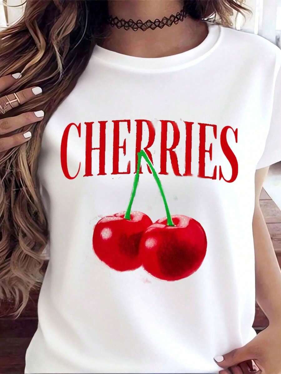 Camia Blanca Casual con Estampado de Cerezas para Mujer, Top de Verano Casual, Camia con Gráfico de Frutas, Camia de Moda, Estilo Fashion - Blanco - Ver 1