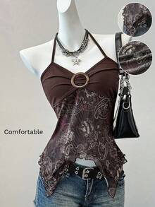 Women's Y2K Style Halter Crop Top With Brown Paisley Print, Wooden Ring Detail At The Front, And Irregular Ruffled Hem - Black - View 6