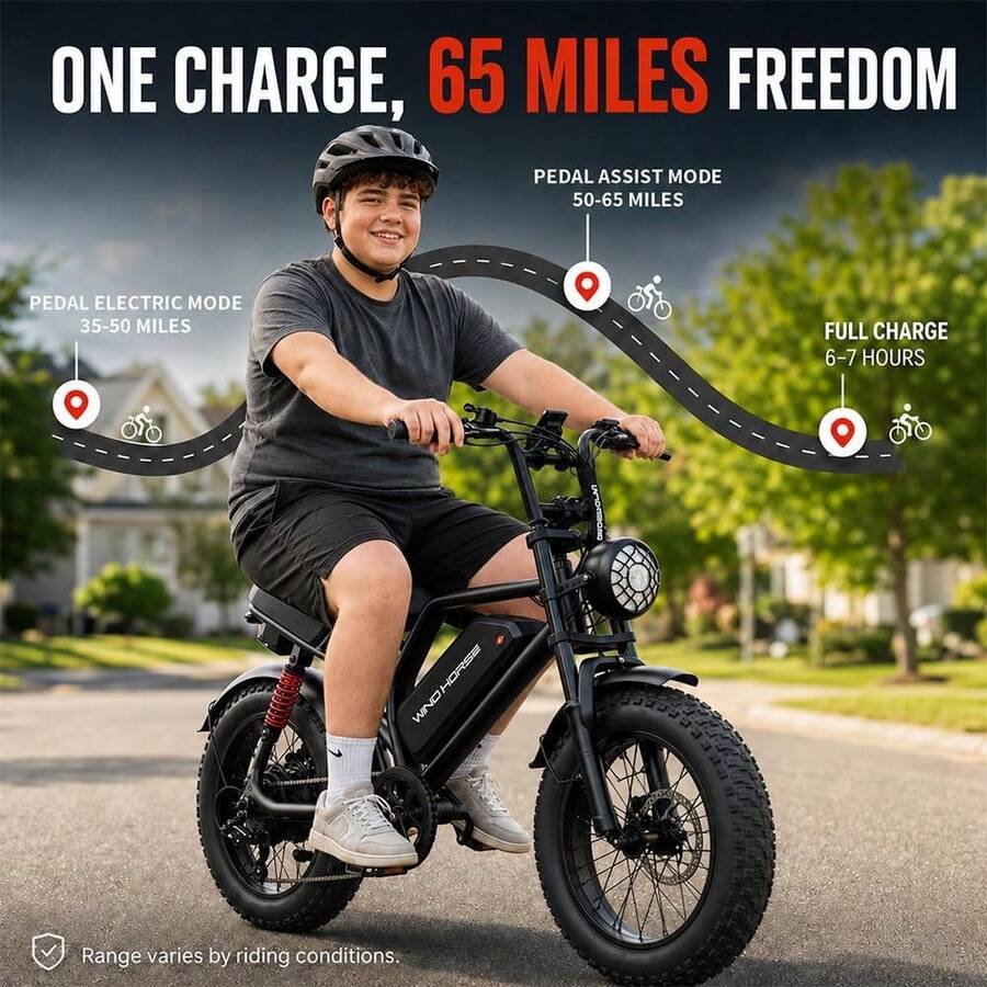 WIND HORSE 16" Tire Electric Bike With 750W Powerful Motor For Teens, 20MPH, 65 Miles Range,48V Removable Battery,5 Riding Modes,Full Suspension All-Terrain E-Bike For Teens - Black - View 1