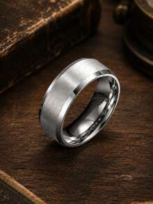 1pc Fashion Men's 8mm Wide Stainless Steel Plain Matte Ring, Vintage Jewelry Accessory - Silver - View 7
