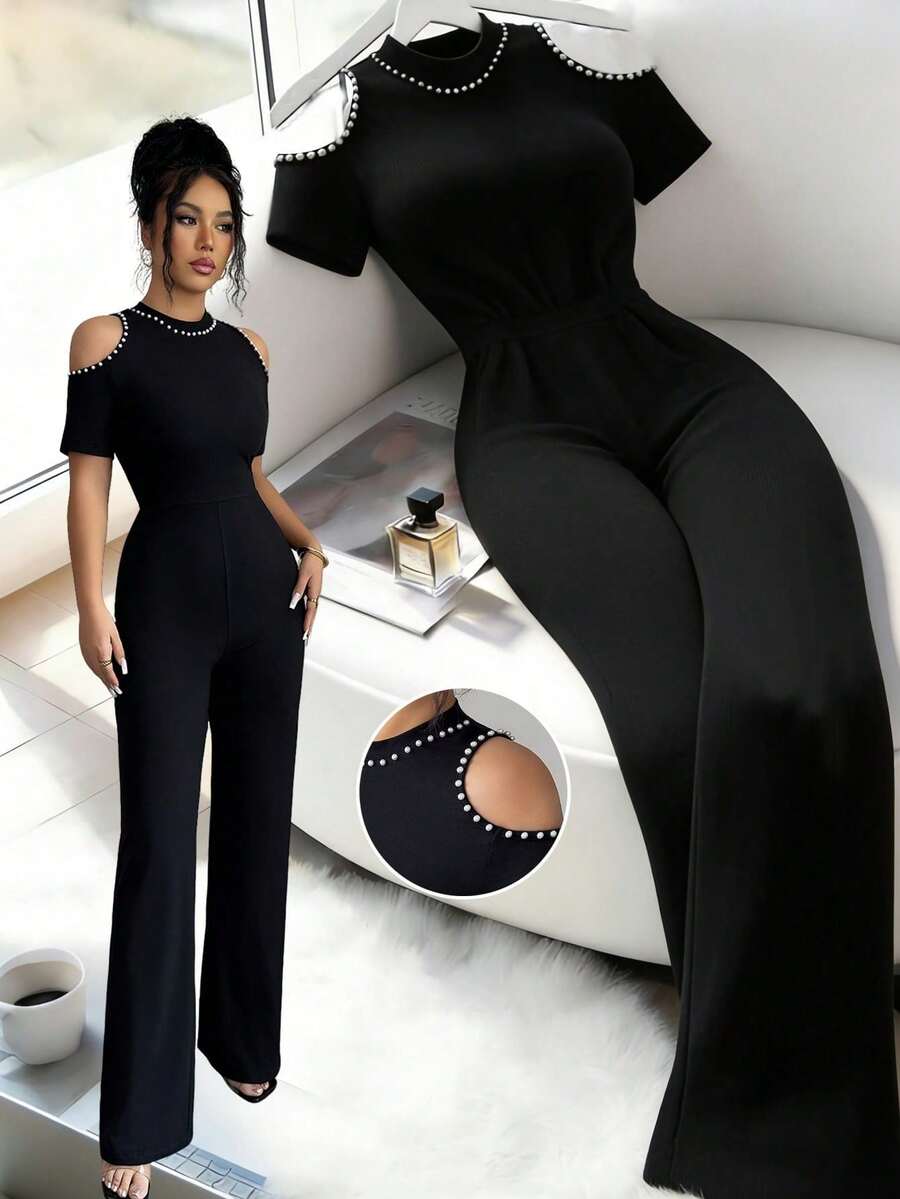 Elenzya Mono elegante de mujer con hombros descubiertos y decoración de perlas falsas, adecuado para primavera, verano y otoño, para uso diario, ir al trabajo y citas - Negro - Ver 1