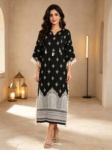 2026 Neuer Stil Ramadan traditionelles elegantes Kleid, goldbesticktes Perlenstickerei, Quasten Dekor, V-Ausschnitt, 3/4 Ärmel, schwarze Abaya Robe, luxuriös & modisch - Schwarz - Übersicht 11