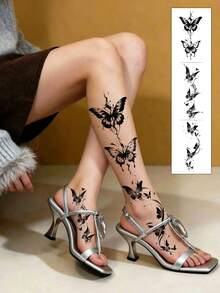 3 piezas Pegatinas de tatuaje de mariposa, tatuaje de pie, tatuaje temporal con patrón de mariposa, resistente al agua y fácil de usar, adecuado para brazos, manos, pies, piernas y otras partes del Body de mujeres, tatuaje falso desechable, esencial para fiestas y festivales de música - Negro - Ver 2