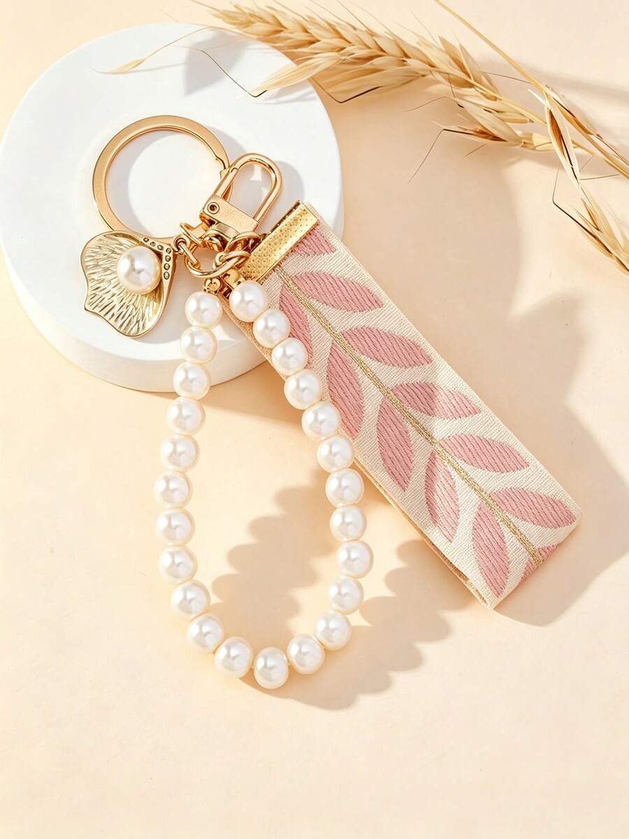 Llavero de cinta bordada fresca con pulsera de perlas, llavero elegante de perlas de concha, accesorio de llavero de moda para mujer - Llavero tejido - Ver 1