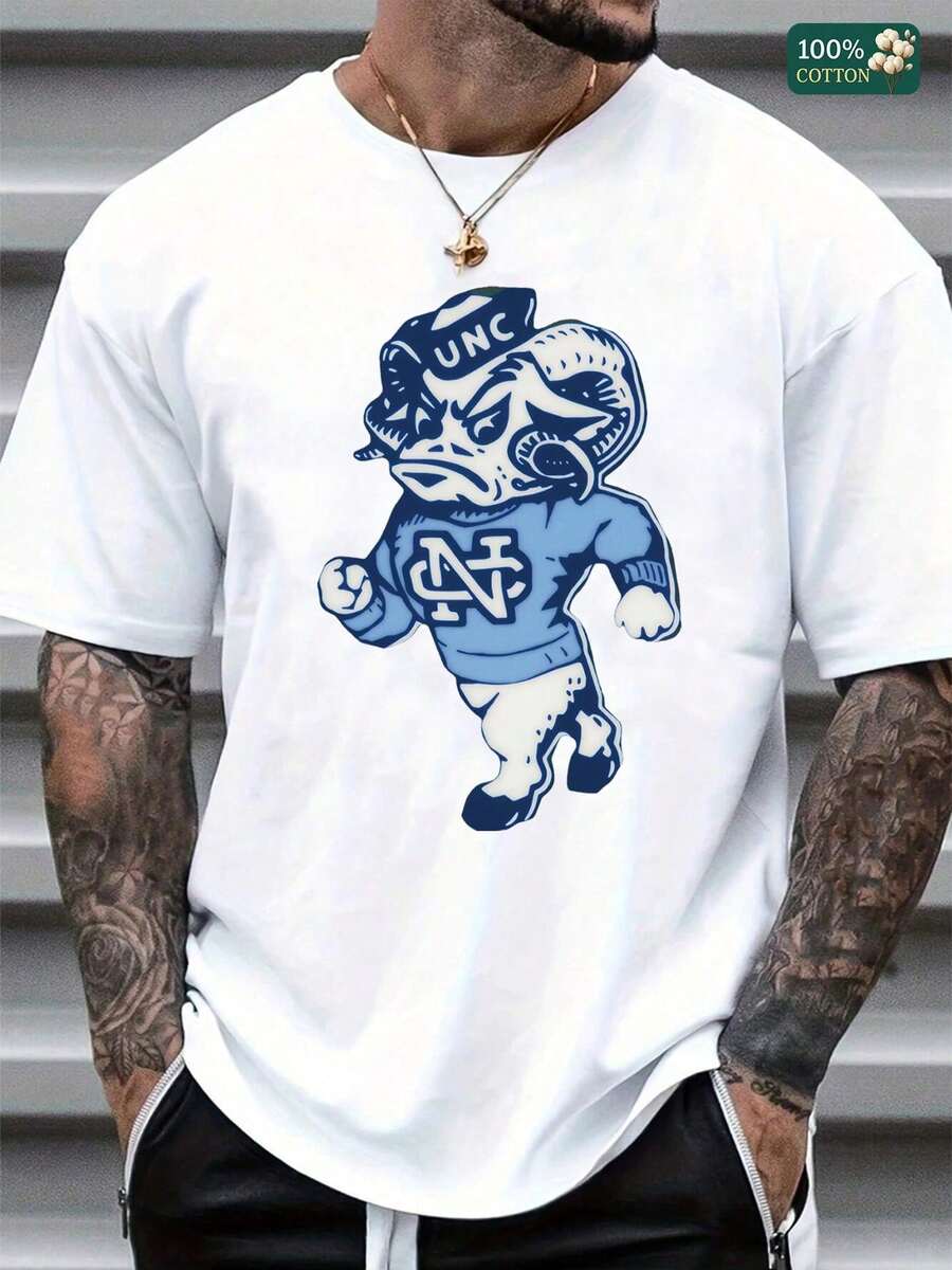 Men's Classic-Cut Cotton T-Shirt With A Retro Graphic Design Of The UNC Tar Heels Mascot In Striking Black And White. Soft And Breathable, Ideal For Everyday Wear Or As A Gift. - 白色 - 查看 1