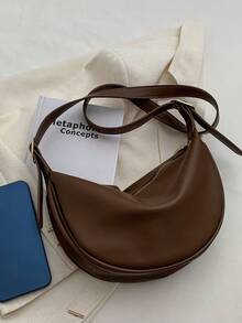 Bolso de hombro estilo silla de montar de diseño minimalista y unicolor versátil y casual, con gran capacidad para el uso diario - Marrón - Ver 11