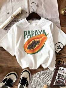 Women's White Short-Sleeved Loose-Fitting T-Shirt With A Tropical Fruit Papaya Print, Made Of Soft, Breathable Fabric Ideal For Casual Everyday Wear And Summer. - 白色 - 查看 1