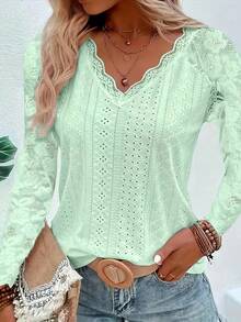 T-Shirt With Eyelets And Contrasting Lace V-Neck, Elegant Long-Sleeved T-Shirt For Spring And Autumn, Women's Clothing - 淺藍色 - 查看 7