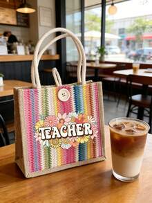 「Best Teacher」字母印花托特包－母親節、感恩節、女性節與女神節禮物，適合日常使用 - 彩色 - 查看 2
