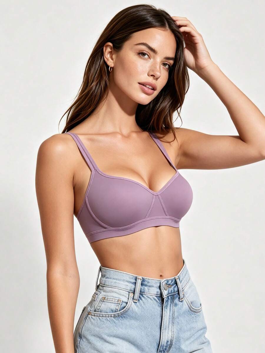 1pc Women's Comfortable Wireless Soft Cup Seamless Solid Color Bra - Lilac Purple - View 1