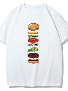 Camiseta de manga corta con estampado divertido del diagrama de descomposición de una hamburguesa, diseño personalizado, unisex, moderna y versátil. - Blanco - Ver 1