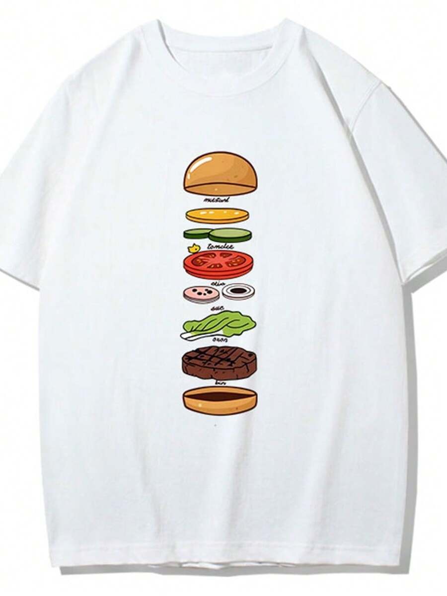 Camiseta de manga corta con estampado divertido del diagrama de descomposición de una hamburguesa, diseño personalizado, unisex, moderna y versátil. - Blanco - Ver 1