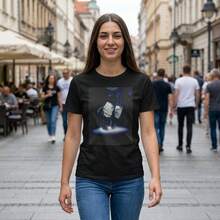 100% Cotton Vintage Tee Glitter Socks T-Shirt |   Midnight Scene Print Tee - Black - View 7