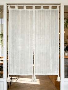 1 pieza Cortina de puerta estilo boho de lino con bordado a rayas, cortina de privacidad para entrada con borla, panel de cortina de encaje transparente estilo granja para cocina, baño, dormitorio, pasillo, con parte superior de suspensión - Beis - Ver 2