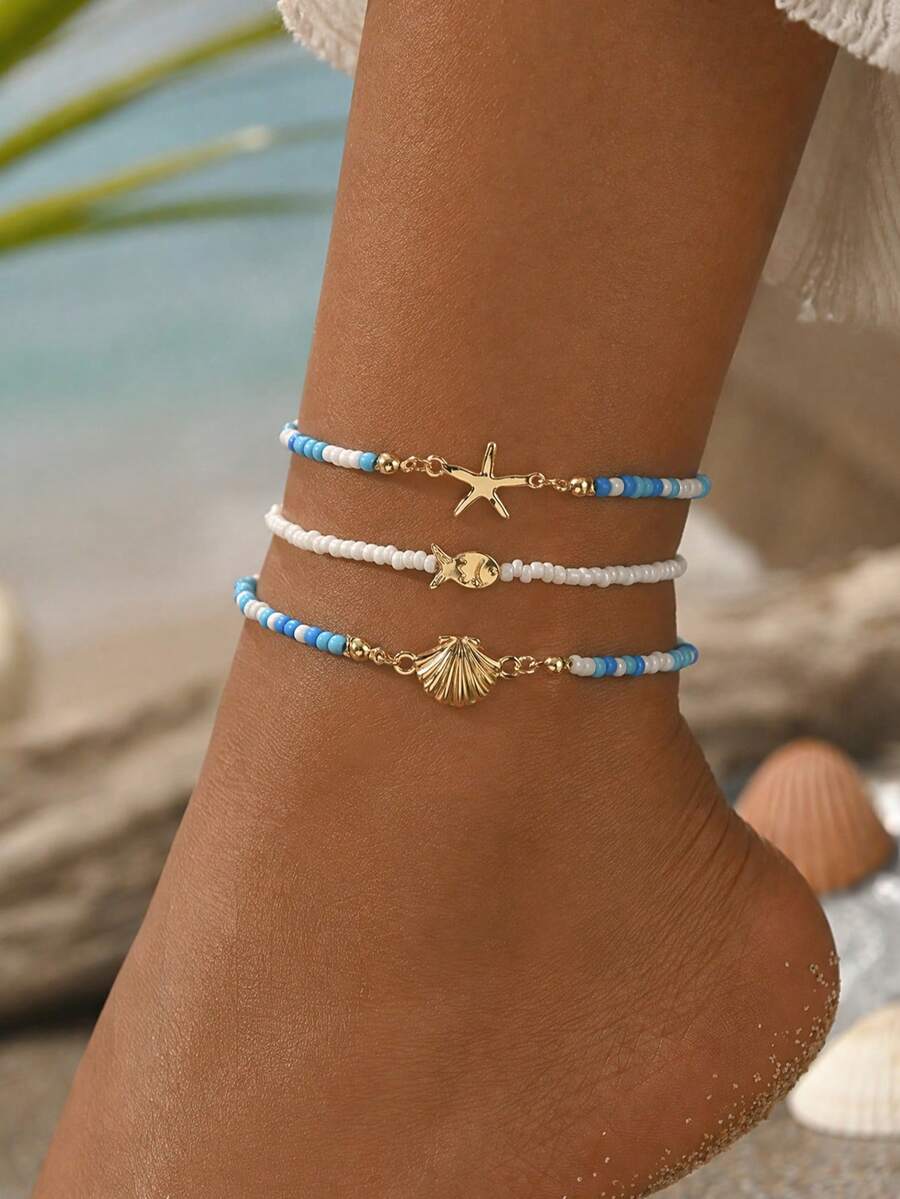 3件/組海灘度假風珠飾腳鍊套組,時尚彩色米珠貝殼海星魚飾女性足飾,適合日常穿搭、夏季度假、約會、派對、音樂節,米珠顏色數量與排列隨機 - 彩色 - 查看 1