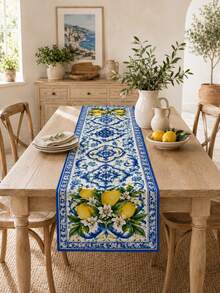 1 Piece Cobalt Blue Lemon Patterned Polyester Table Runner, Retro Ceramic Art Rectangular Table Runner, Outdoor Terrace Tabletop Decoration, Summer Mediterranean Vacation, Backyard Barbecue, Garden Party, Autumn And Winter Tabletop Decoration. - Multicolor - View 4