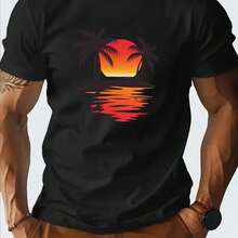 Camiseta de algodón 100% con estampado de playa tropical al atardecer, informal, transpirable, cómoda, de manga corta, con diseño de palmeras. - Negro - Ver 1