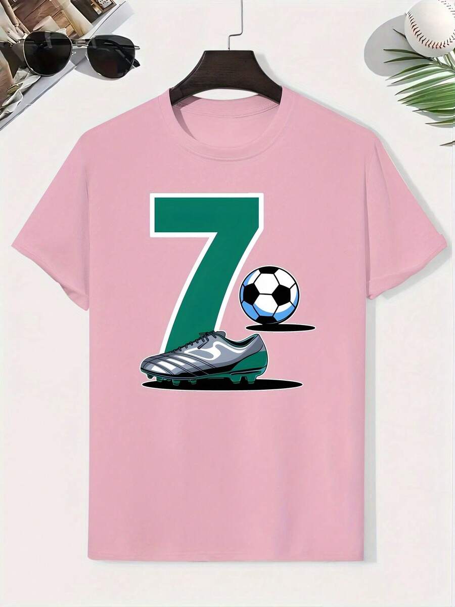 Boys' Cotton T-Shirt 1210 7 And Football, Creative Boys' T-Shirt, Lightweight And Comfortable Short Sleeve Casual Top, Summer Children's Clothing - 黑色 - 查看 1