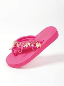 Bohemian Beach Vacation Style Women's Flip Flops, Suitable For Beach, Vacation And Travel, Embossed Upper, Rose Red Women's Open Toe Flat Shoes - Hot Pink - View 3