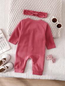 Baby Rose Red Romper With Ruffle And Bow Design, Newborn Outing Crawl Suit - Pink - View 2