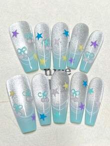 1package/10pcs-Y2K 3D Star Nails | Pastel Neon Striped Press Ons | Retro Groovy Square Fake Nails For Festival Summer Handmade Press On Nails - Mint Blue - View 2