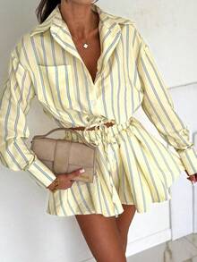 Casual Minimalist Charming Fashionable Striped Tie-Up Long Sleeve Shirt And Pants 2 Pieces Set, Women's - Light Yellow - View 3
