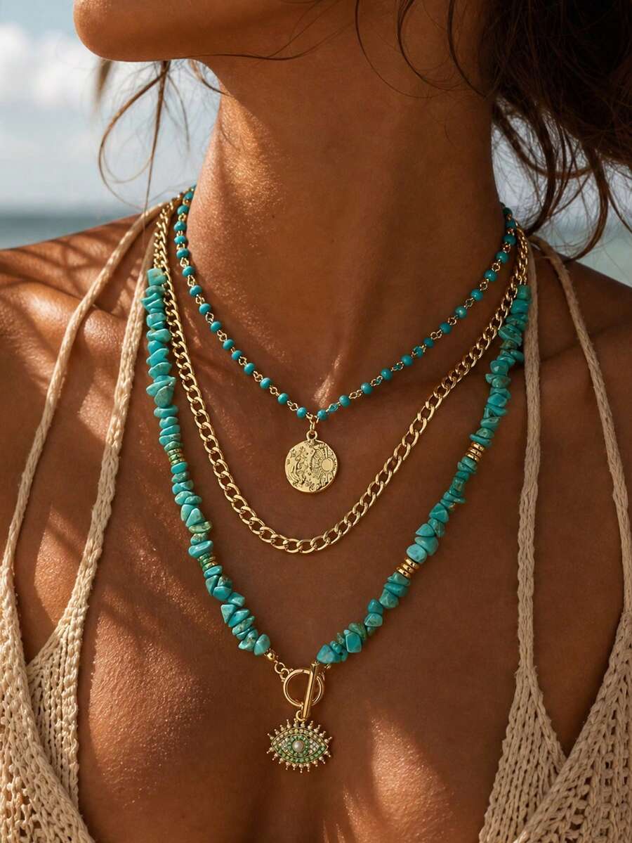 3 piezas/Set Diseño de Nicho Collar de Cadena Hecho a Mano de Turquesa con Patrón de Estrella & Luna Colgante Redondo, Collar de Cuentas con Colgante de Ojo Malvado Versátil y de Moda, Joyería de Cuello Apilada Multicapa para Mujeres, Adecuado para Uso Diario, Fiesta y Festival de Música, Cadena Cortada a Medida, Cantidad de Piedras, Tamaño, Color y Forma Varían - Multicolor - Ver 1