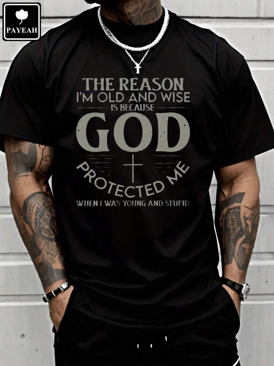 Nueva Llegada Camiseta de Manga Corta PAYEAH "La Razón por la que Soy Viejo y Sabio" Estilo Vintage Cristiano 100% Algodón Pesado 1 pieza - Negro - Ver 1